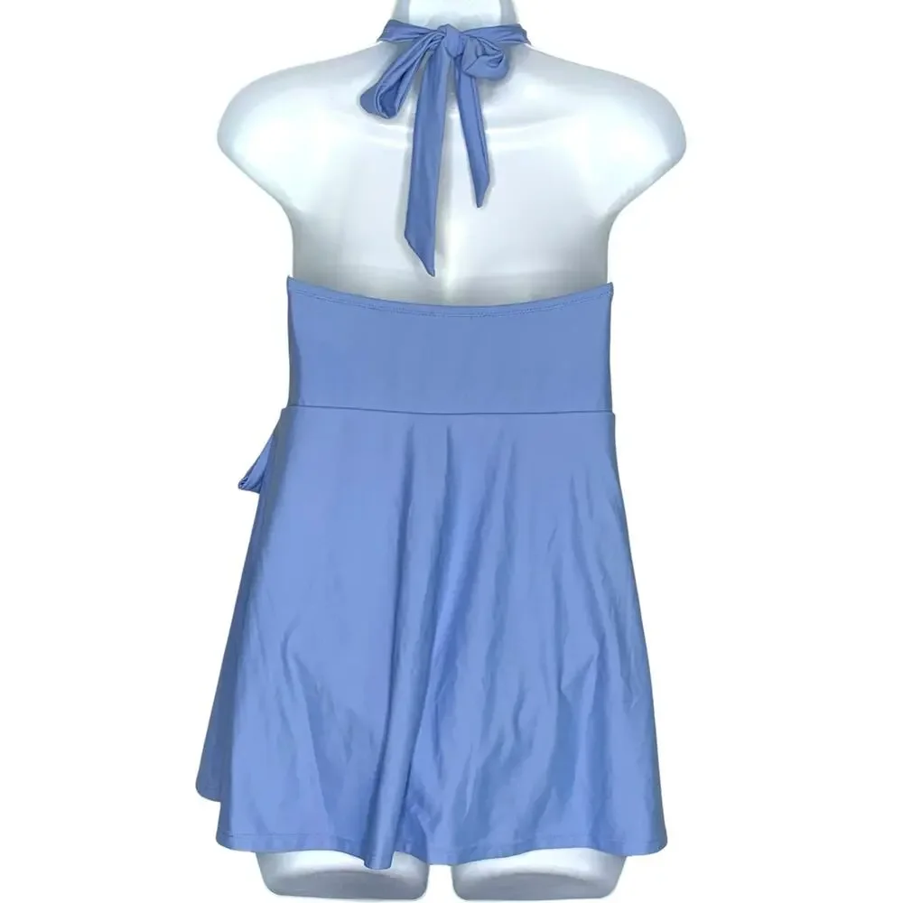 J Crew 6 Womens Halter Wrap Swim Dress Sail Blue Lined Padded Resort Pool